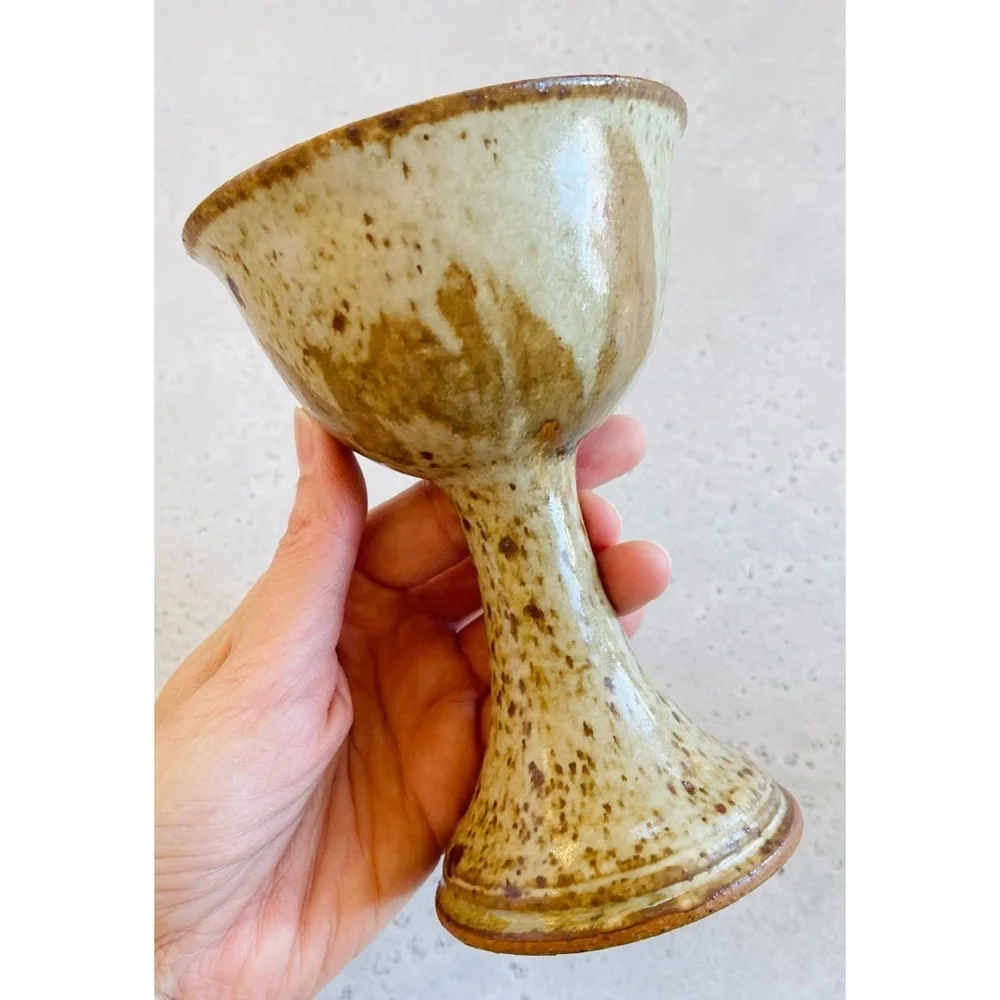2 Vintage Speckled Oatmeal Tan Brown Stoneware Goblets Studio Pottery Cottage